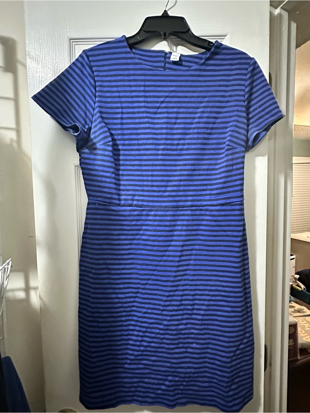 Blue and Black Striped Short-Sleeve Sheath Dress-